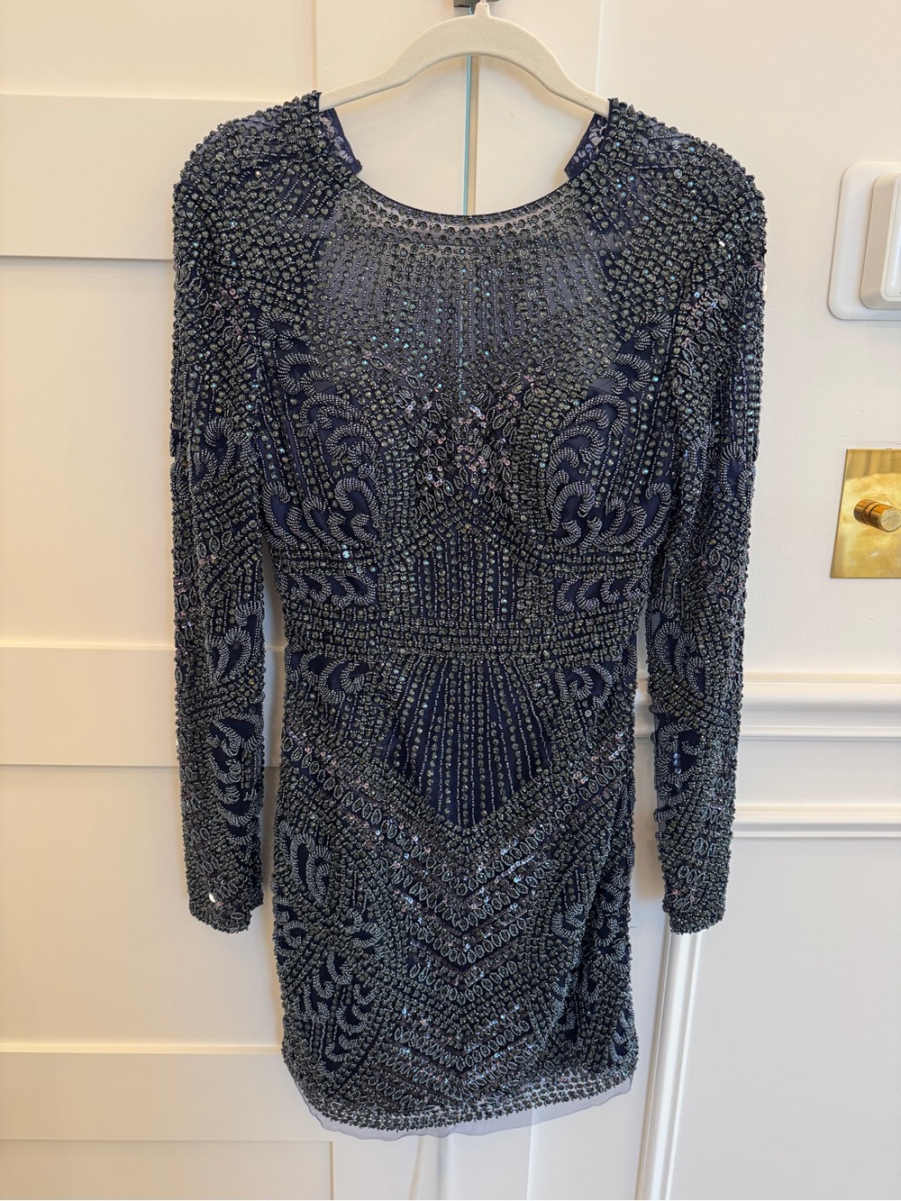 Embroidered Rhinestone Navy Beaded Long-Sleeve Cocktail Mini Dress